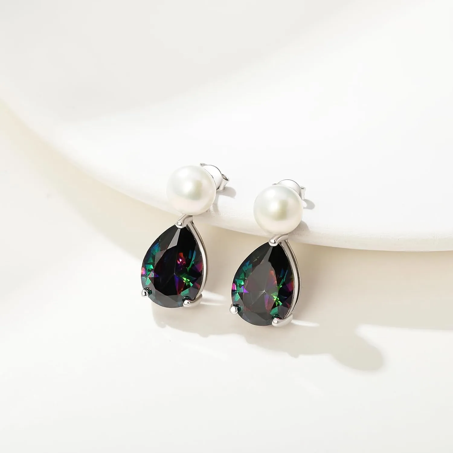 YAMI Pearl Earrings for Women, 925 Sterling Silver Studs 10 * 14mm Pear Shaped Colored Zircon Birthstone Drop Dangle Earrings, 8-8.5MM Freshwater Cultured Pearl Jewelry Gifts