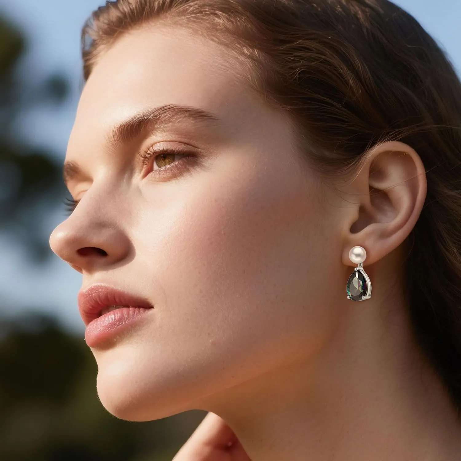 YAMI Pearl Earrings for Women, 925 Sterling Silver Studs 10 * 14mm Pear Shaped Colored Zircon Birthstone Drop Dangle Earrings, 8-8.5MM Freshwater Cultured Pearl Jewelry Gifts