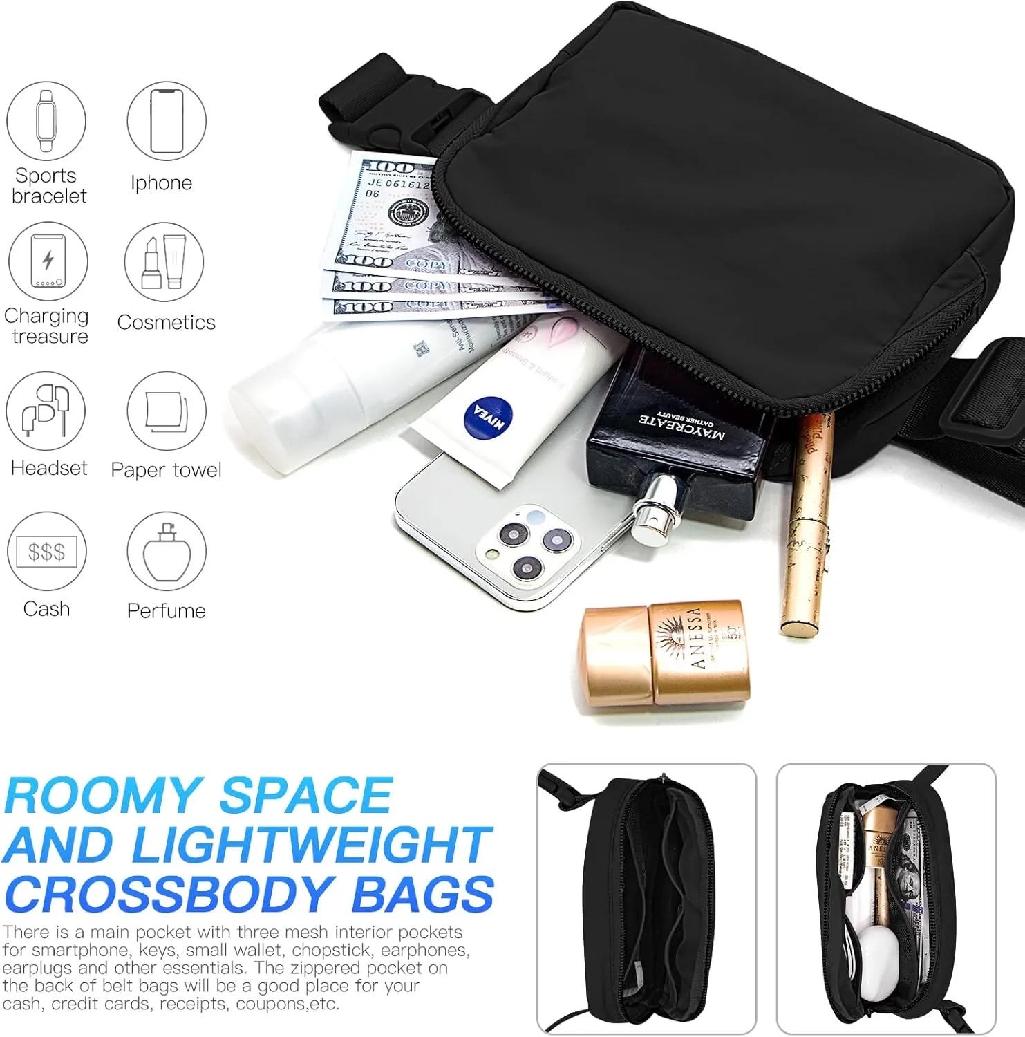 YINHEXI Belt Bag, Crossbody Bags for Women - Soft Nylon Waist Packs for Women, Adjustable Strap 30''-45'', Versatile Fanny Pack Sling Bag, Waterproof with Mesh Pockets & Back Zipper