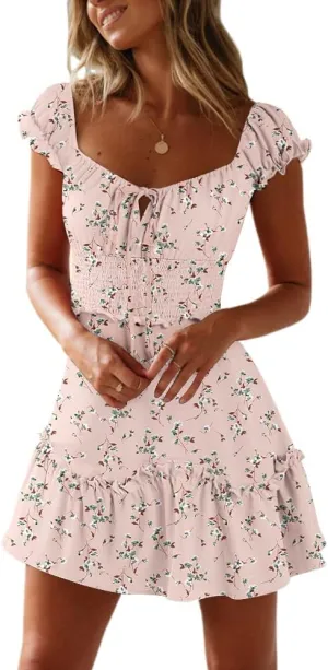 YOBECHO Womens Summer Ruffle Sleeve Sweetheart Neckline Printing Dress Mini Dresses