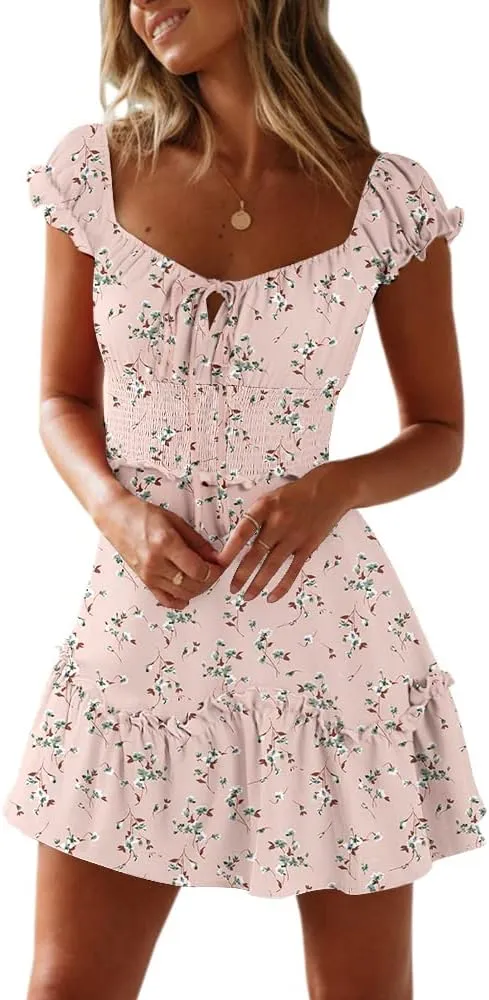 YOBECHO Womens Summer Ruffle Sleeve Sweetheart Neckline Printing Dress Mini Dresses