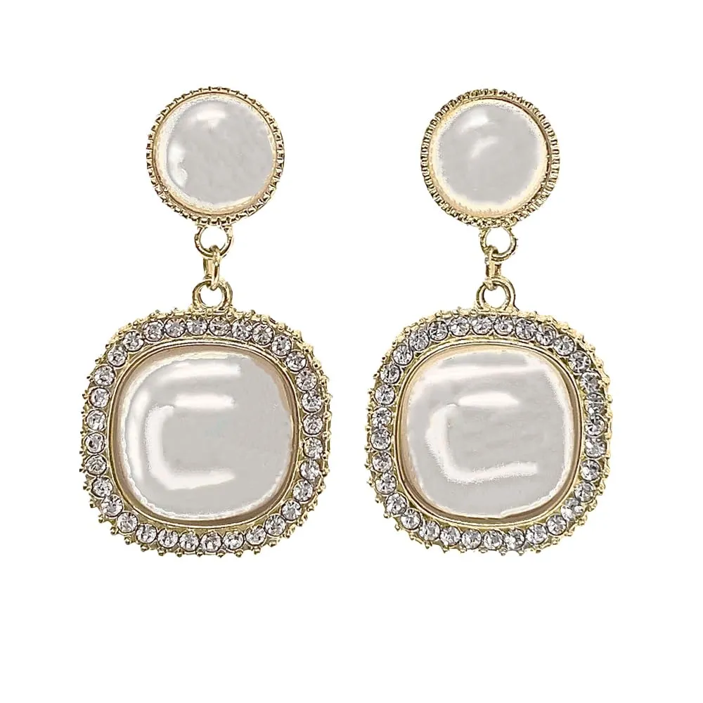 YoungFashionLabel - Elegant Large Pearl Diamond Gold Dangle Hypoallergenic Earring