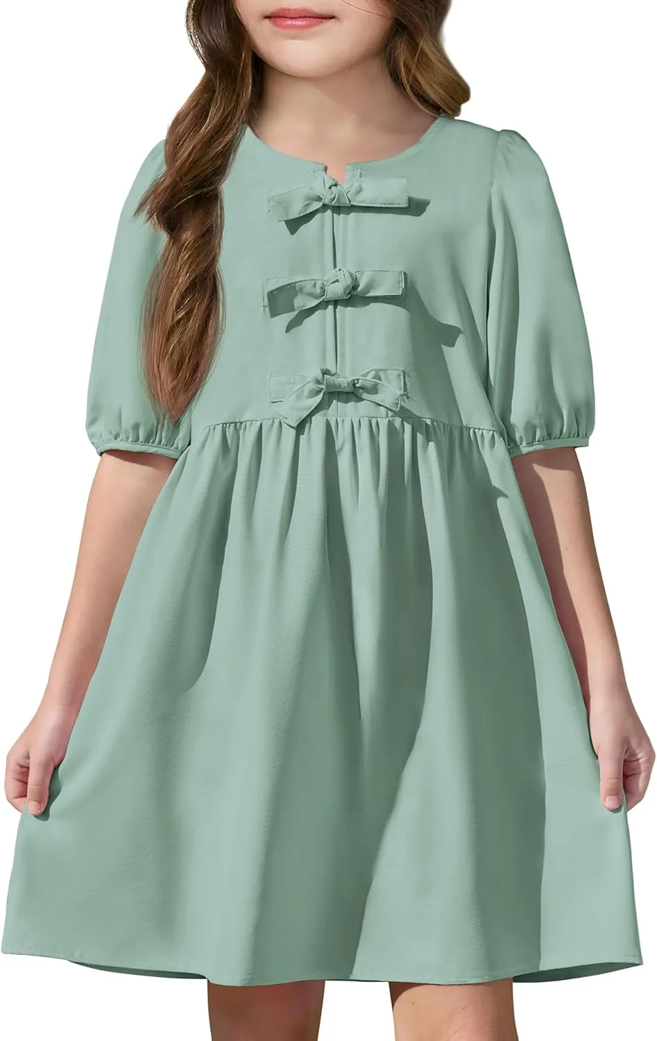 Yousify Girls Summer Dresses Cute Toddler Puff Short Sleeve Dresses A-Lined Flowy Trendy Bow tie Mini Dress Kids Outfits