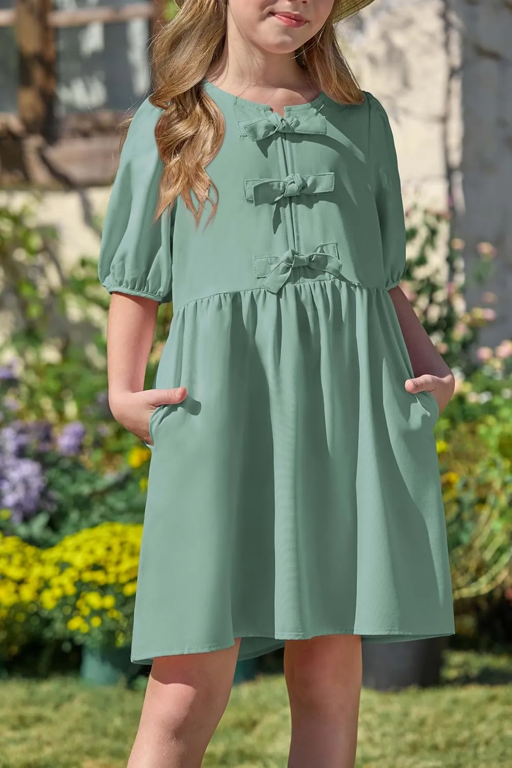Yousify Girls Summer Dresses Cute Toddler Puff Short Sleeve Dresses A-Lined Flowy Trendy Bow tie Mini Dress Kids Outfits