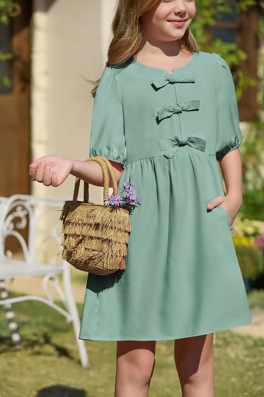 Yousify Girls Summer Dresses Cute Toddler Puff Short Sleeve Dresses A-Lined Flowy Trendy Bow tie Mini Dress Kids Outfits