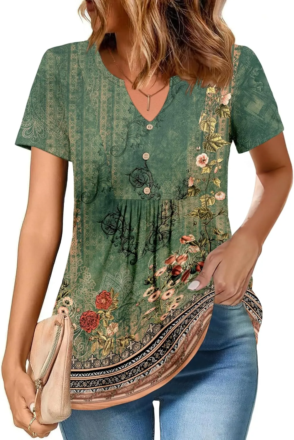 Zeagoo Womens Short Sleeve Tops Summer Henley V-Neck Tshirts Casual Pleated Blouse Dressy Loose Floral Basic Tee
