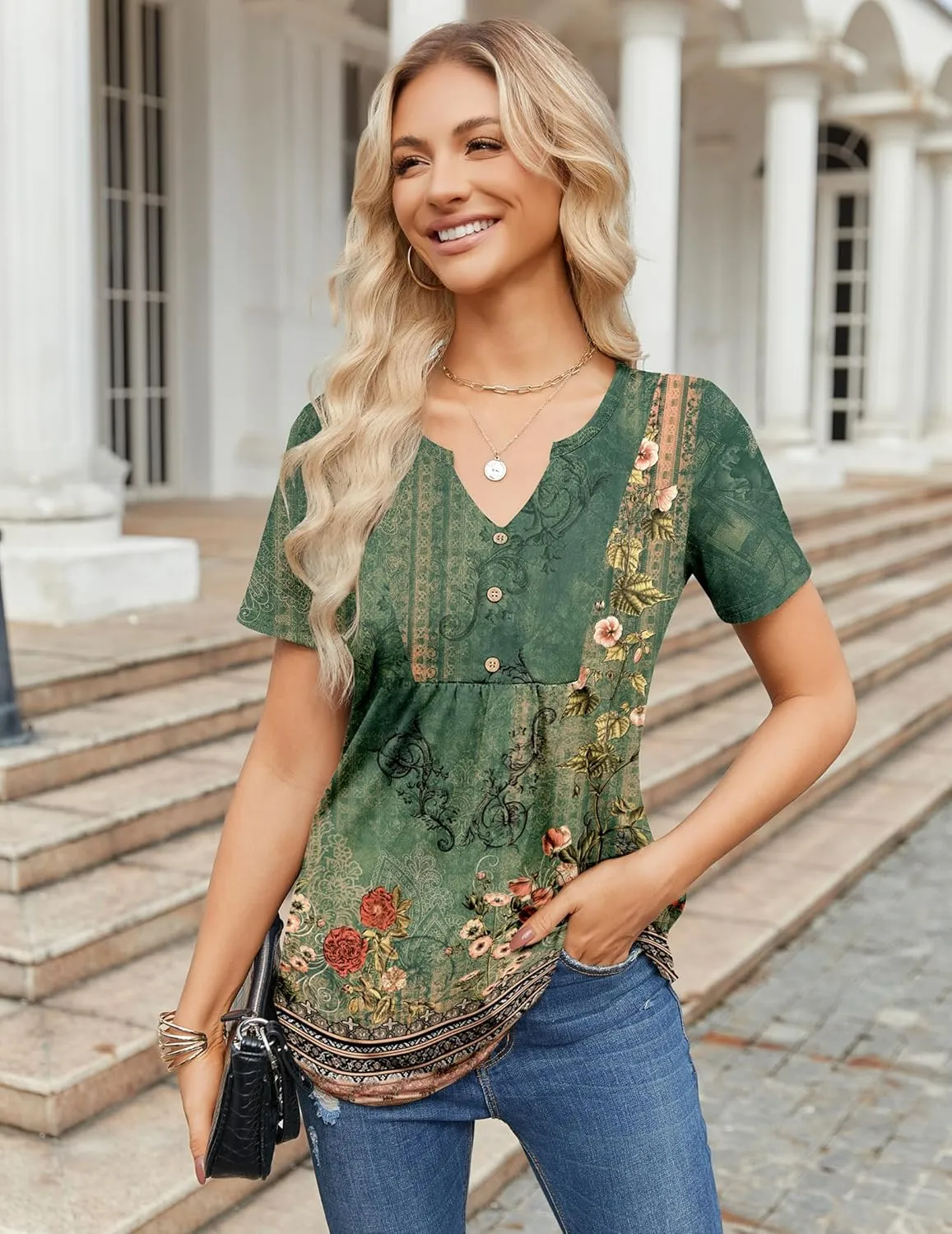Zeagoo Womens Short Sleeve Tops Summer Henley V-Neck Tshirts Casual Pleated Blouse Dressy Loose Floral Basic Tee
