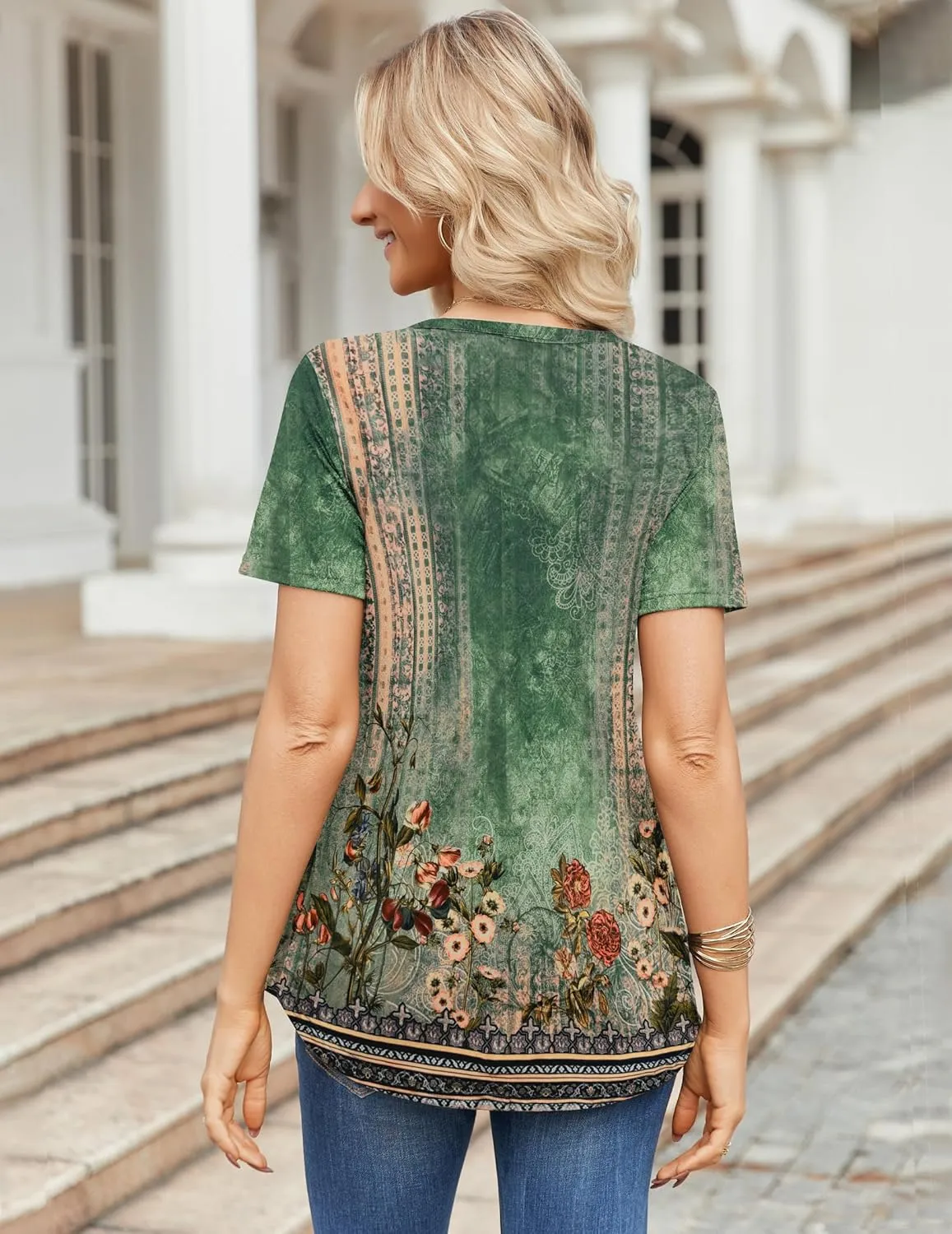 Zeagoo Womens Short Sleeve Tops Summer Henley V-Neck Tshirts Casual Pleated Blouse Dressy Loose Floral Basic Tee