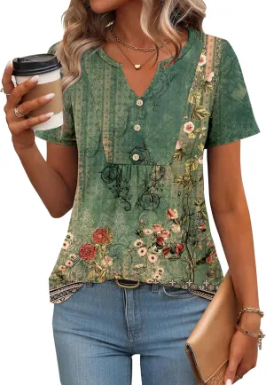 Zeagoo Womens Short Sleeve Tops Summer Henley V-Neck Tshirts Casual Pleated Blouse Dressy Loose Floral Basic Tee
