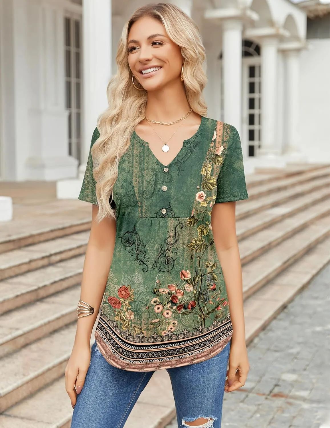 Zeagoo Womens Short Sleeve Tops Summer Henley V-Neck Tshirts Casual Pleated Blouse Dressy Loose Floral Basic Tee