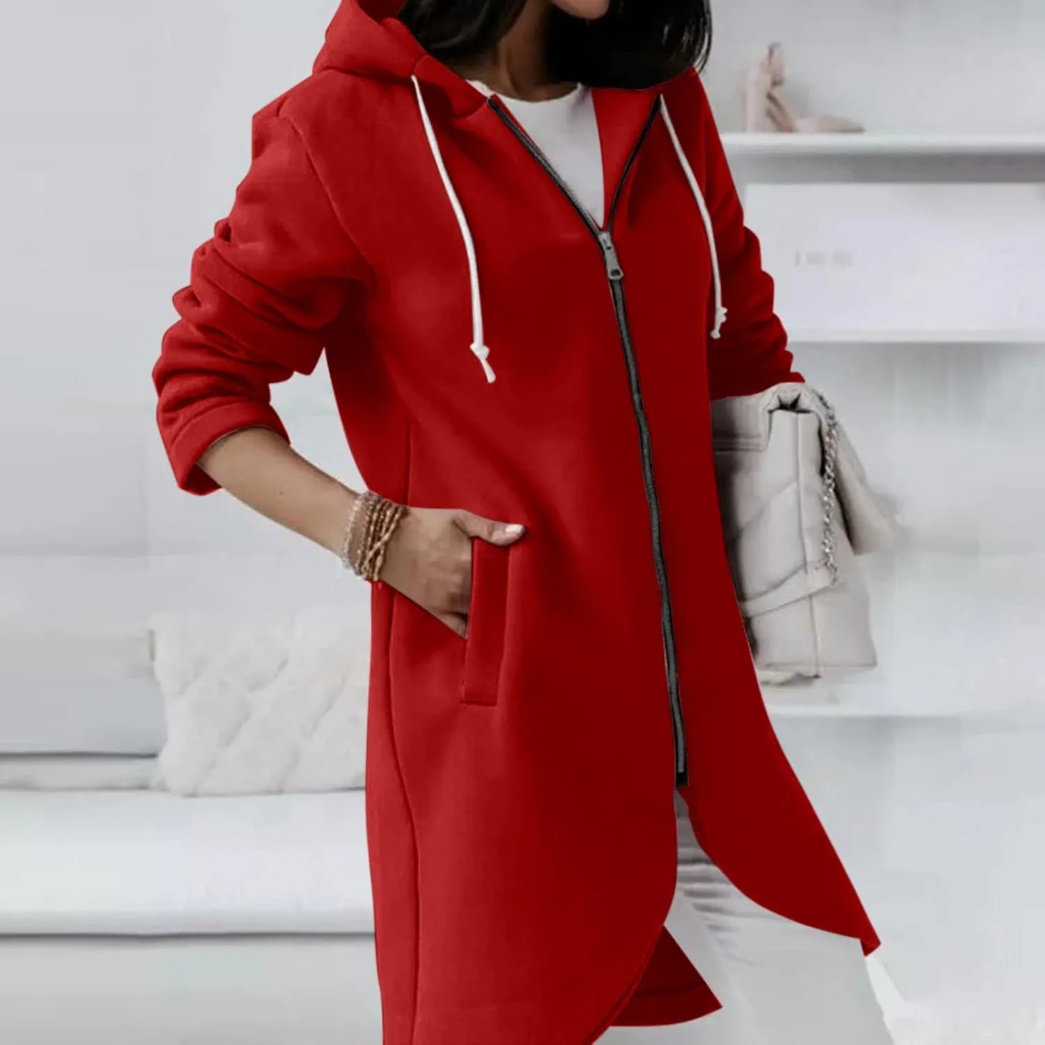 Zip Up Hoodie for Women Cute Trendy Drawstring Oversized Hooded Sweatshirts Long Sleeve Irregular Hem Jacket Coats