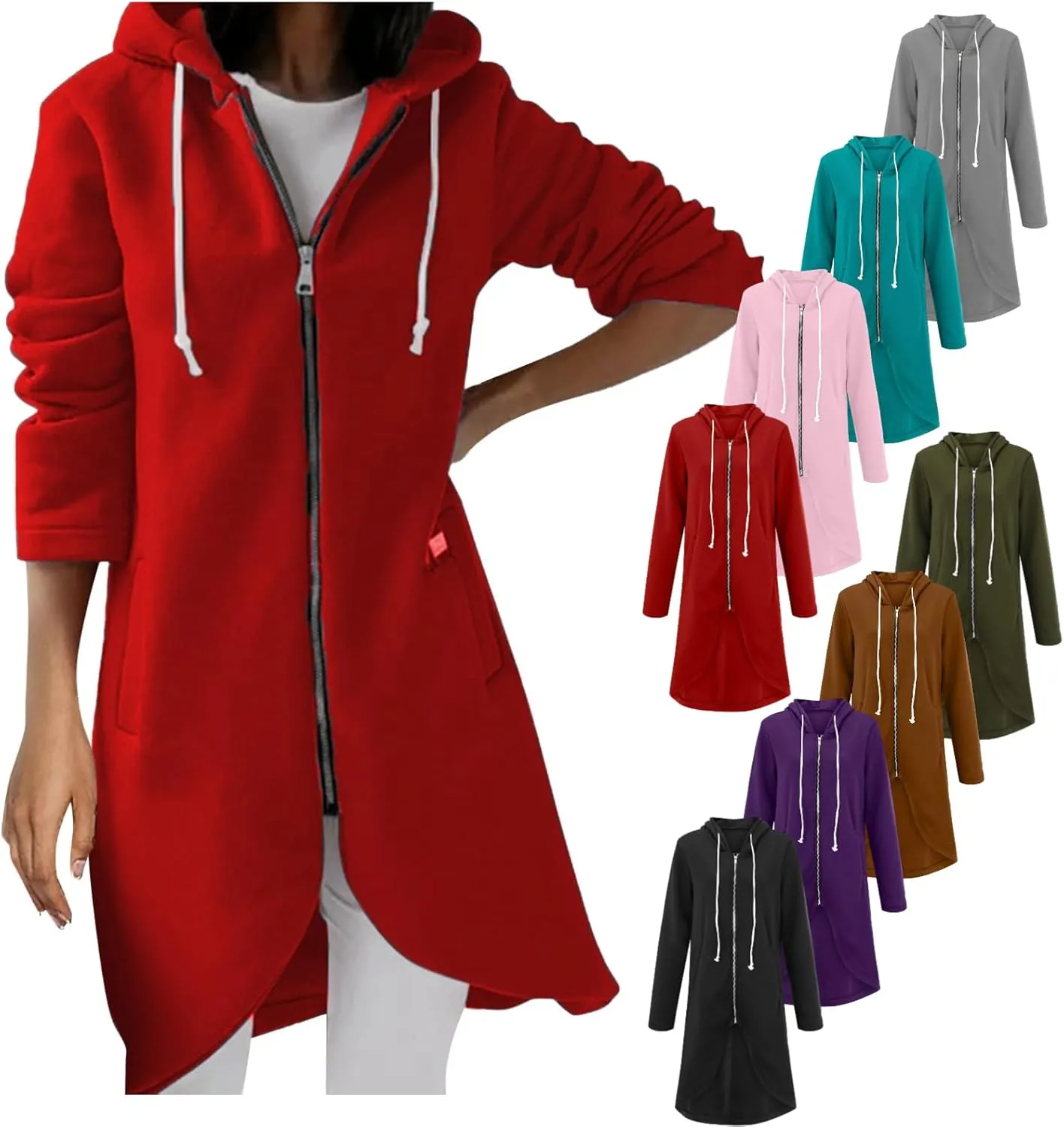 Zip Up Hoodie for Women Cute Trendy Drawstring Oversized Hooded Sweatshirts Long Sleeve Irregular Hem Jacket Coats