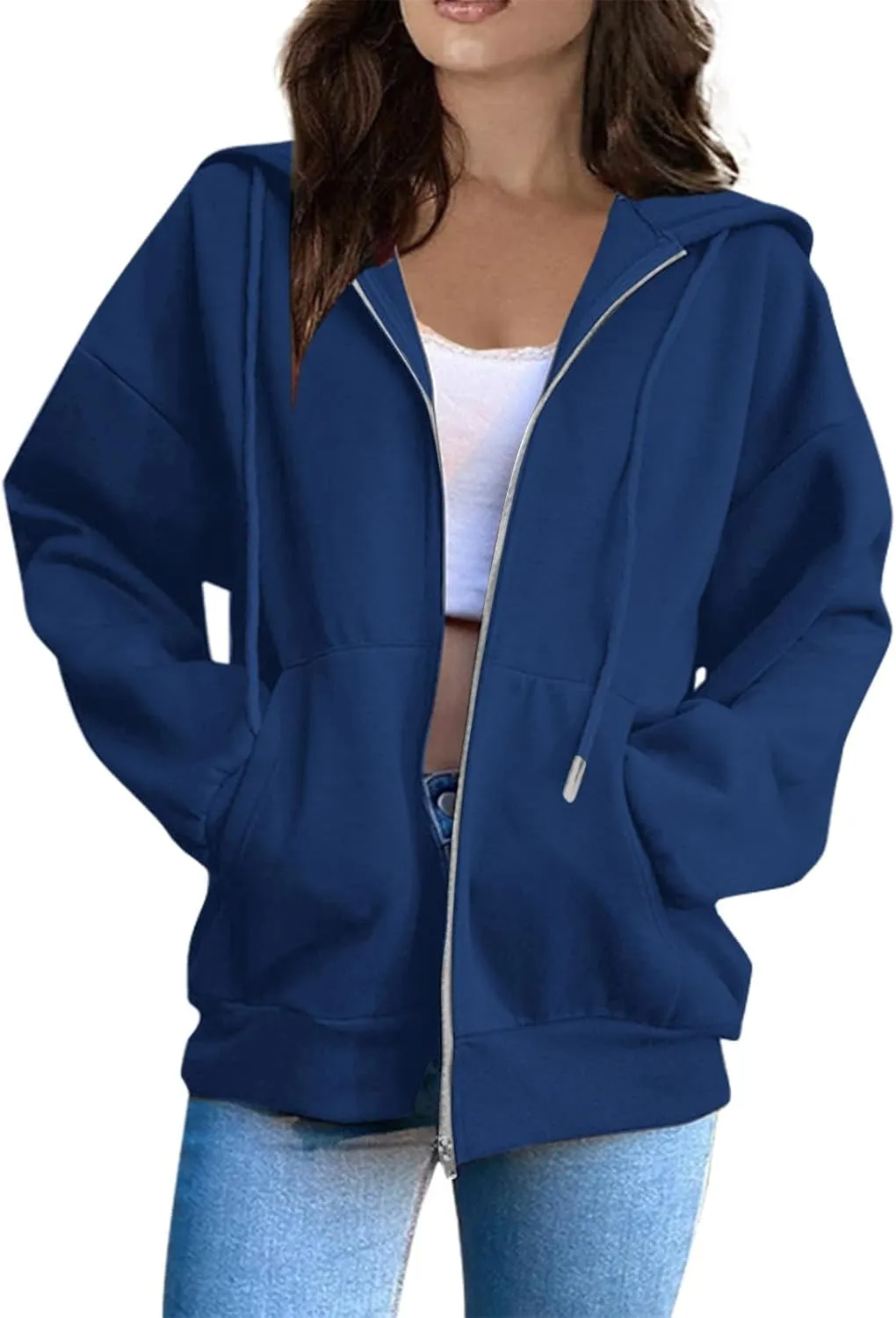 Zip Up Hoodie Women Fleece Oversized Sweatshirt Hoodies Casual Drawstring Athletic Gym Sweat Jackets with Pockets