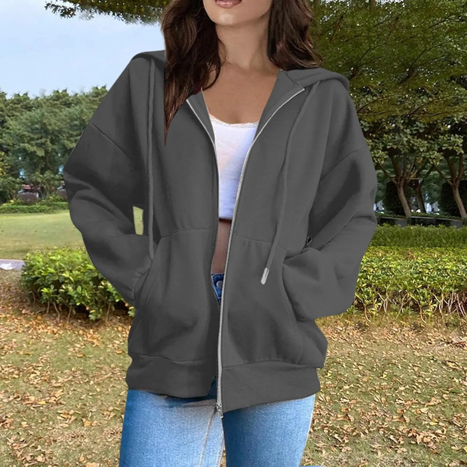 Zip Up Hoodie Women Long Sleeve Oversized Sweatshirts Y2K Jacket With Pockets 2024 Fall Outfits
