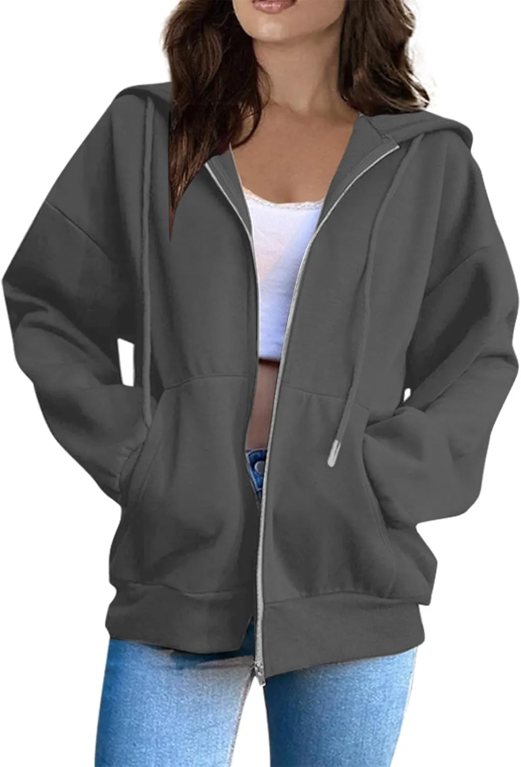 Zip Up Hoodie Women Long Sleeve Oversized Sweatshirts Y2K Jacket With Pockets 2024 Fall Outfits