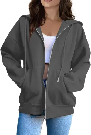 Zip Up Hoodie Women Long Sleeve Oversized Sweatshirts Y2K Jacket With Pockets 2024 Fall Outfits
