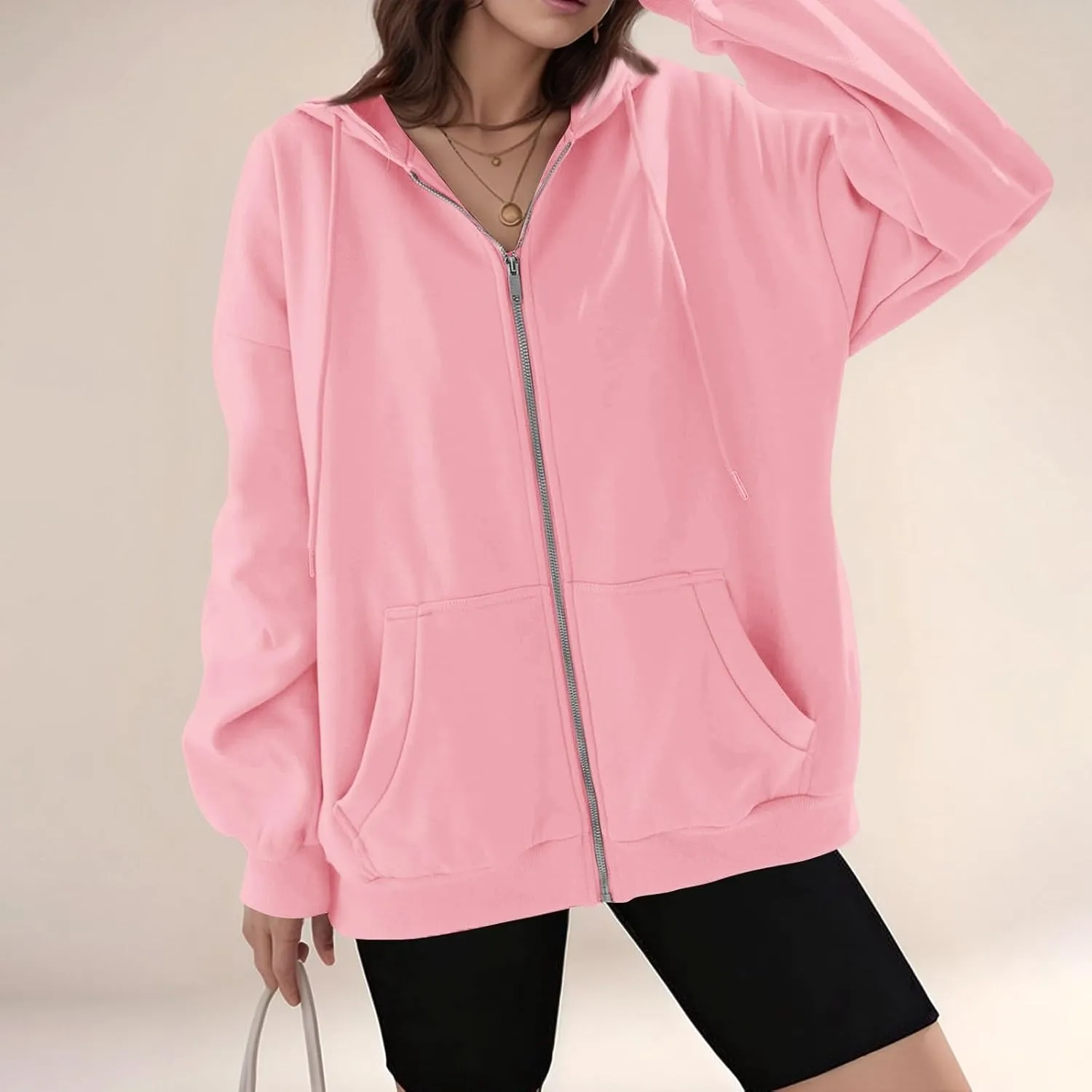 Zip Up Hoodie Women Y2k Oversized Fleece Jacket Workout Drawstring Hooded Sweatshirt with Pockets Winter Clothes
