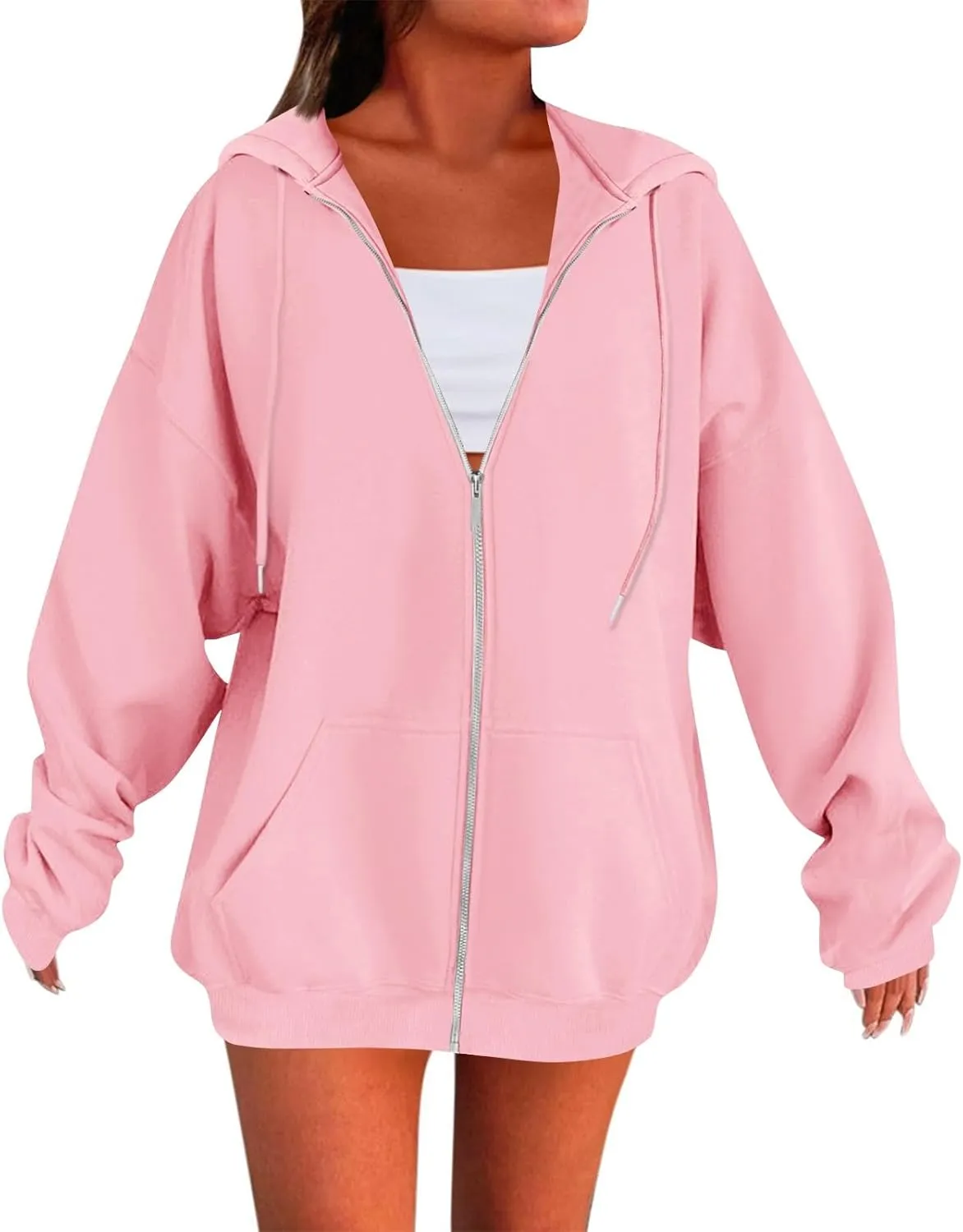 Zip Up Hoodie Women Y2k Oversized Fleece Jacket Workout Drawstring Hooded Sweatshirt with Pockets Winter Clothes