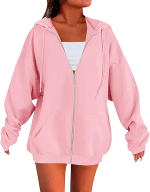 Zip Up Hoodie Women Y2k Oversized Fleece Jacket Workout Drawstring Hooded Sweatshirt with Pockets Winter Clothes