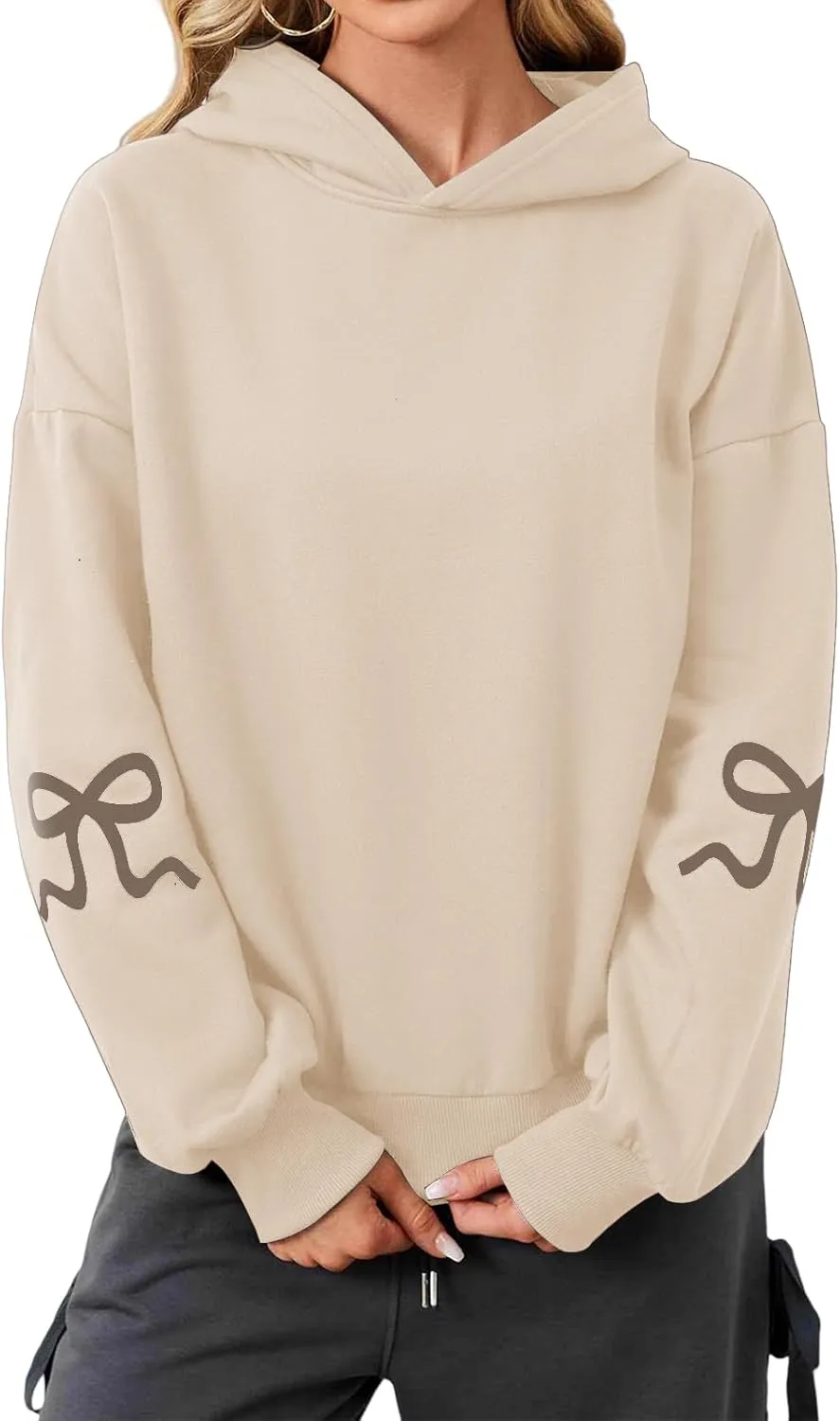 ZWRXW Womens Bow Print Hoodies Oversized Long Sleeve Drop Shoulder Sweatshirts Fall Winter Casual Hooded Pullover Tops