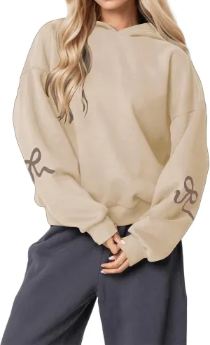 ZWRXW Womens Bow Print Hoodies Oversized Long Sleeve Drop Shoulder Sweatshirts Fall Winter Casual Hooded Pullover Tops